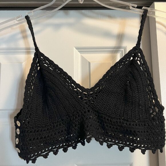 NWT Illa Illa Womens Crop Top Size M/Black Crochet Sleeveless V Neck Festival - Picture 1 of 2